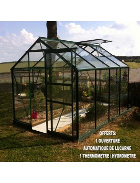 Opale kas, 4,70 m², groen gelakte afwerking, aluminium en gehard glas