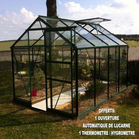 Opale kas, 4,70 m², groen gelakte afwerking, aluminium en gehard glas