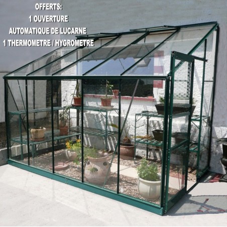 Serre adossée Rubis 6m² en aluminium laqué vert et verre trempé avec base