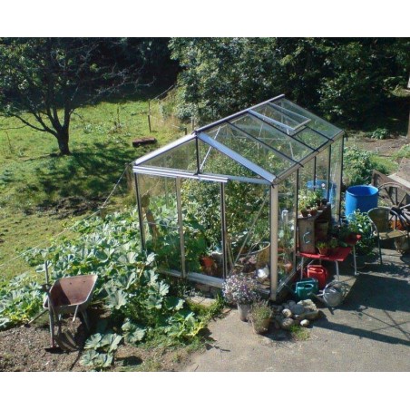 Janssens Helios Senior kas van 7,30 m² in natuurlijk aluminium en gehard glas met sokkel