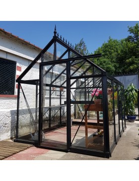 Janssens Eos Junior 7,30m² kas, zwart gelakt aluminium met gehard glas en voet