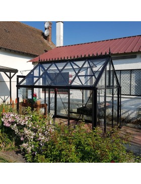 Janssens Eos Junior 7,30m² kas, zwart gelakt aluminium met gehard glas en voet