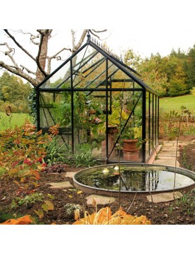 Janssens Eos Junior 9,10m² kas, zwart gelakt aluminium met gehard glas en voet