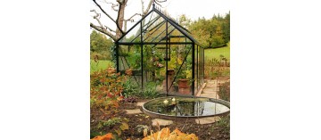 Janssens Eos Junior 9,10m² kas, zwart gelakt aluminium met gehard glas en voet