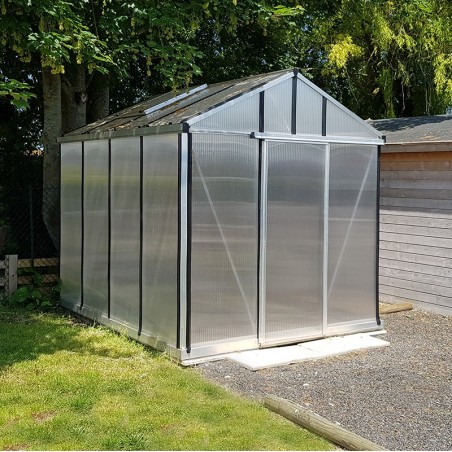 Janssens Helios Master 7,30m² kas in natuurlijk aluminium en polycarbonaat met onderbouw