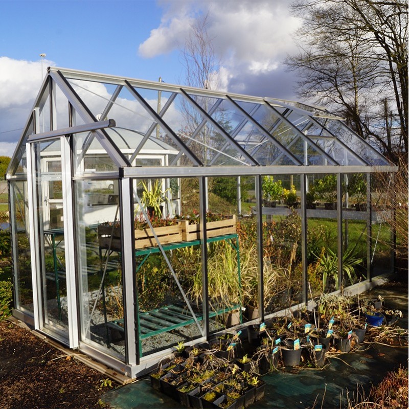 Janssens Eos Junior 10,80m² kas in natuurlijk aluminium en gehard glas met voet