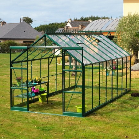 Jade kas, 11,80 m², in zwart gelakt aluminium en gehard glas met een "Ciel mon jardin" basis