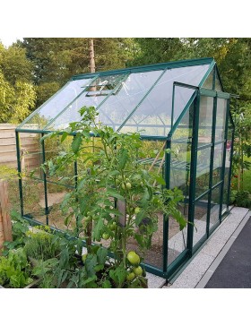 Jade kas van 6,00 m² in groen gelakt aluminium en gehard glas met een "My Garden Sky" basis