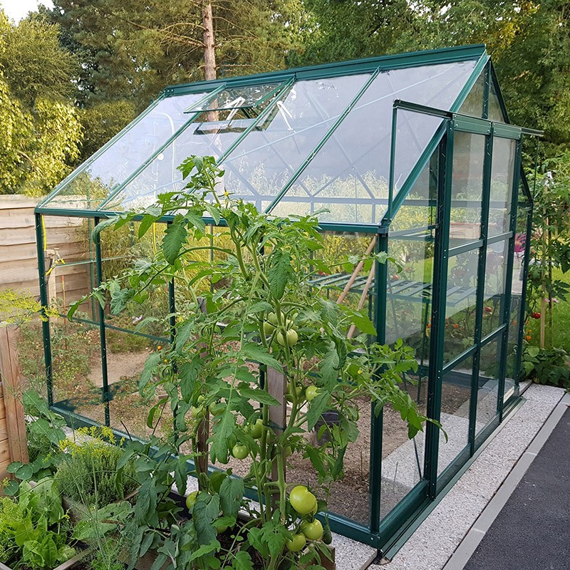Jade kas van 6,00 m² in groen gelakt aluminium en gehard glas met een "My Garden Sky" basis