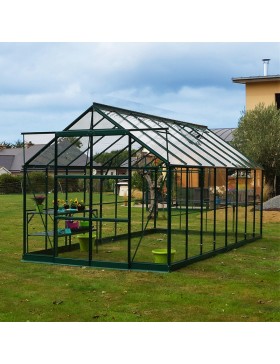 Jade Serre 11,80 m2 in grün lackiertem Aluminium und gehärtetem Glas mit Himmelsboden mein Garten