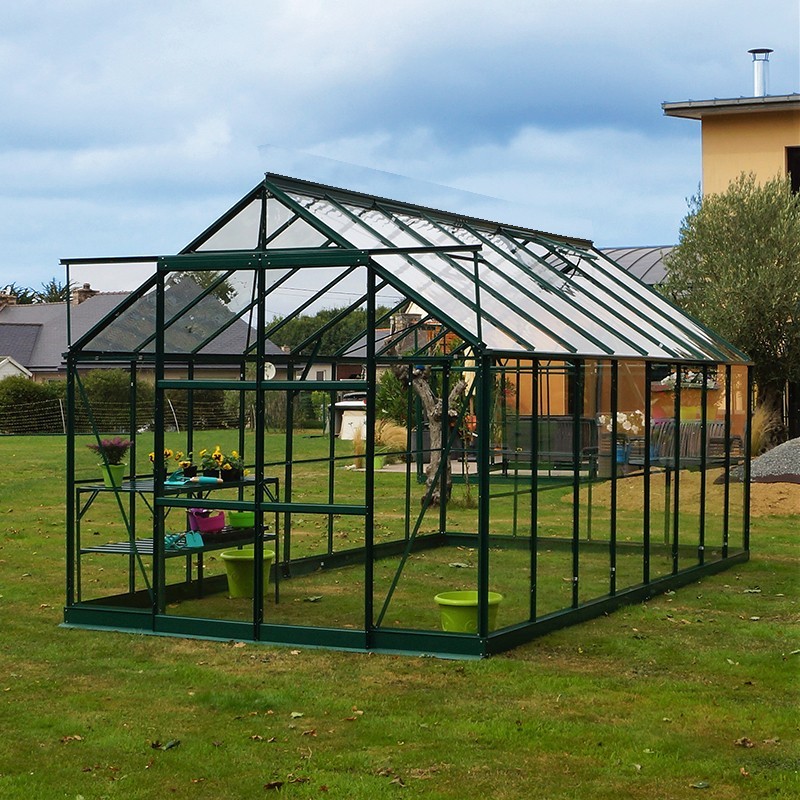 Serre Jade 11,80 m² en aluminium laqué vert et verre trempé avec base ciel mon jardin