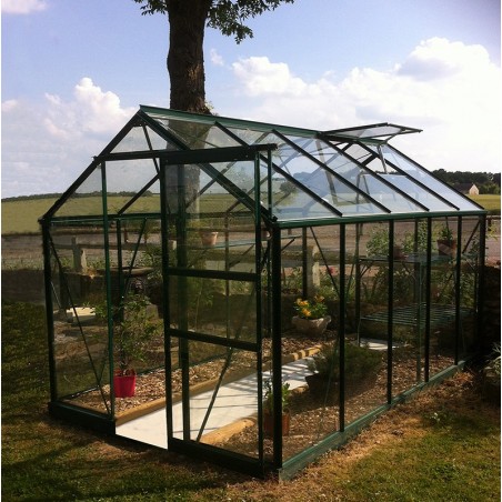 Opale kas van 5,80 m² in groen gelakt aluminium en gehard glas met voet