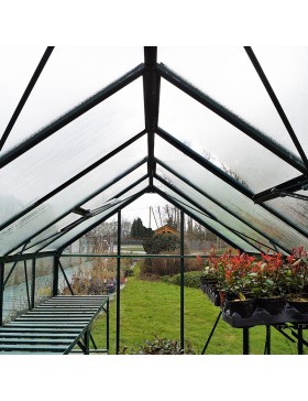 Opale kas van 5,80 m² in groen gelakt aluminium en gehard glas met voet