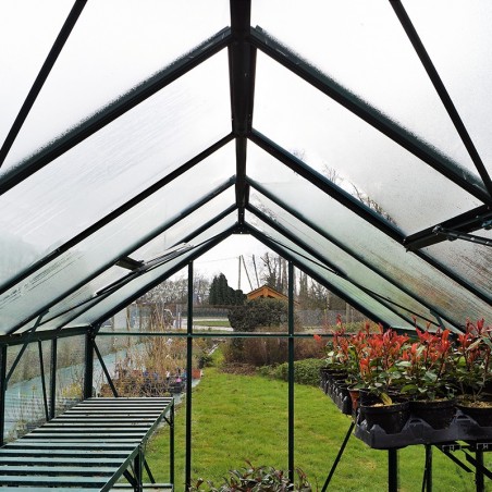 Opale kas van 5,80 m² in groen gelakt aluminium en gehard glas met voet