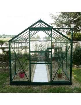 Opale kas van 5,80 m² in groen gelakt aluminium en gehard glas met voet
