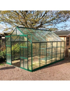 Jade kas van 8,90 m² in groen gelakt aluminium en gehard glas met voet