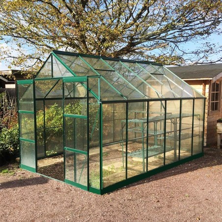 Jade kas van 8,90 m² in groen gelakt aluminium en gehard glas met voet