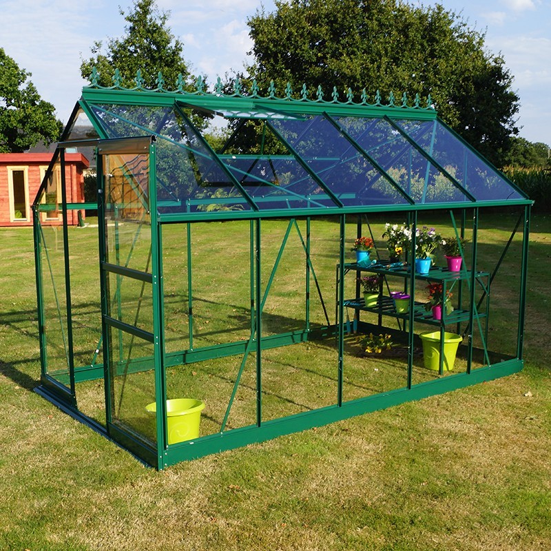 Opale kas van 5,80 m² in groen gelakt aluminium en gehard glas, hemelsblauw, mijn tuin