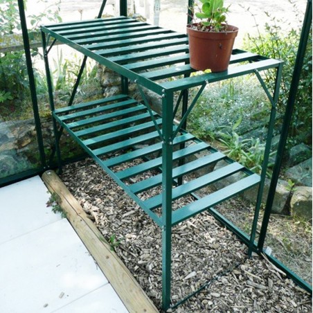 Table deux plateaux  pour serre de jardin aluminium laqué vert