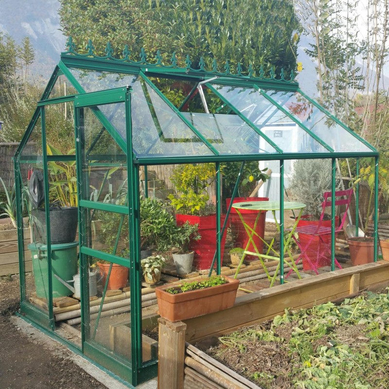 Serre Opale 4,70m² en aluminium laqué vert et verre trempé ciel mon jardin