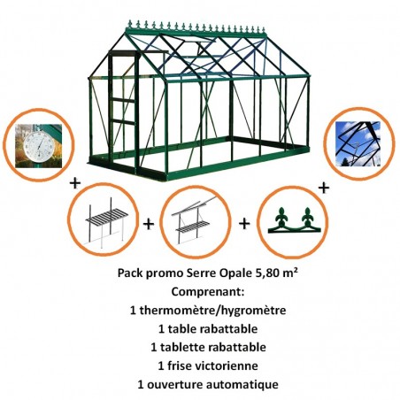 Pack promo n°1 Opal Serre 5,80m2 in grün lackiertem Aluminium und gehärtetem Glas mit Himmelsboden mein Garten