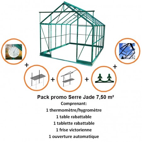 Pack Promo n°1 Serre Jade 7,50m2 in grün lackiertem Aluminium und gehärtetem Glas mit Basis