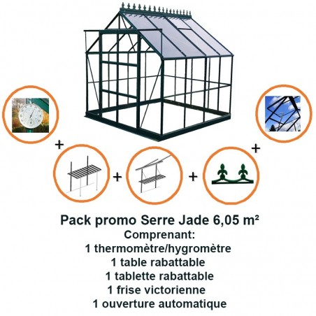 Promotiepakket nr. 1: Jade 6.05m vierkante kas in groen gelakt aluminium en gehard glas met voet