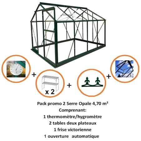 Pack promo n°2 - Serre Opale 4,70m² en aluminium laqué vert et verre trempé avec base ciel mon jardin