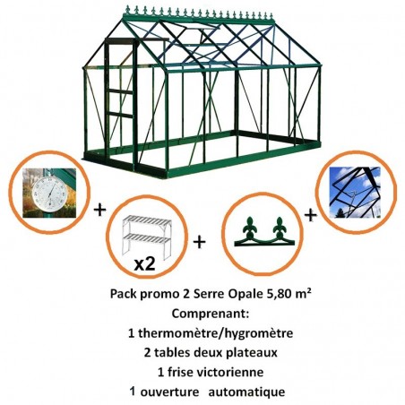 Pack promo n°2 Opal Serre 5,80m2 in grün lackiertem Aluminium und gehärtetem Glas Himmel mein Garten