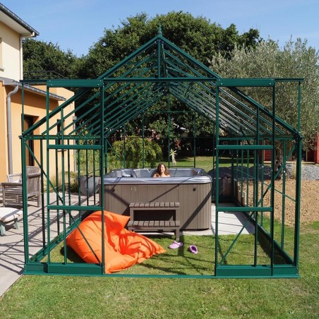 Saphir kas 14,60m² in groen gelakt aluminium en gehard glas met voet