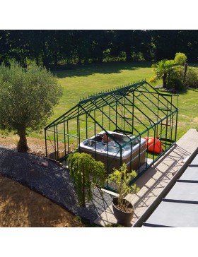 Saphir Serre 14,60m2 in grün lackiertem Aluminium und gehärtetem Glas mit Basis