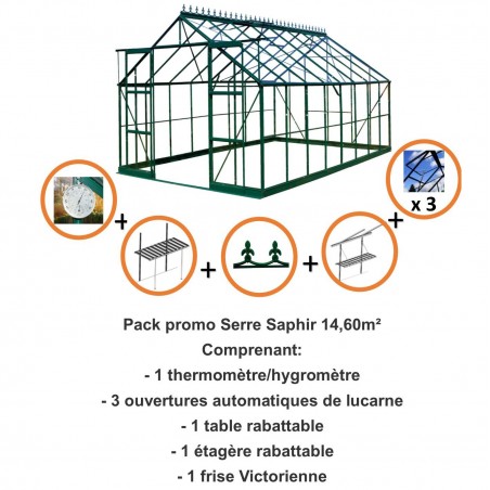 Pack promo n°1 Saphir Serre 14,60m2 in grün lackiertem Aluminium und gehärtetem Glas mit Basis