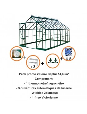 Pack promo n°2 - Serre Saphir 14,60m² en aluminium laqué vert et verre trempé avec base