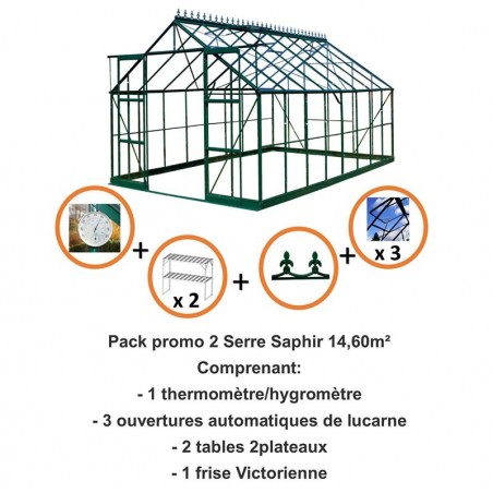 Pack promo n°2 - Serre Saphir 14,60m² en aluminium laqué vert et verre trempé avec base