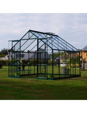 Vierkante kas Saphir 9,10m² in groen gelakt aluminium en gehard glas met voet