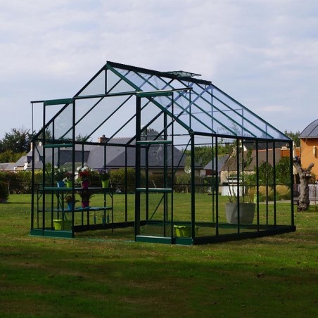 Serre carrée Saphir 9,10m² en aluminium laqué vert et verre trempé avec base