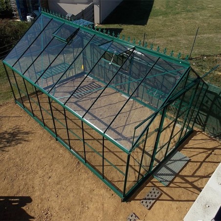 Saphir kas 14,60m² in groen gelakt aluminium en gehard glas met voet