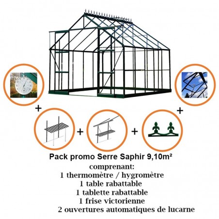 Rabattpaket #1 - Saphir Serre 9,10m2 in grün lackiertem Aluminium und gehärtetem Glas mit Basis