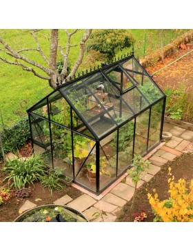 Janssens Eos Junior 7,30m² kas, zwart gelakt aluminium met gehard glas en voet