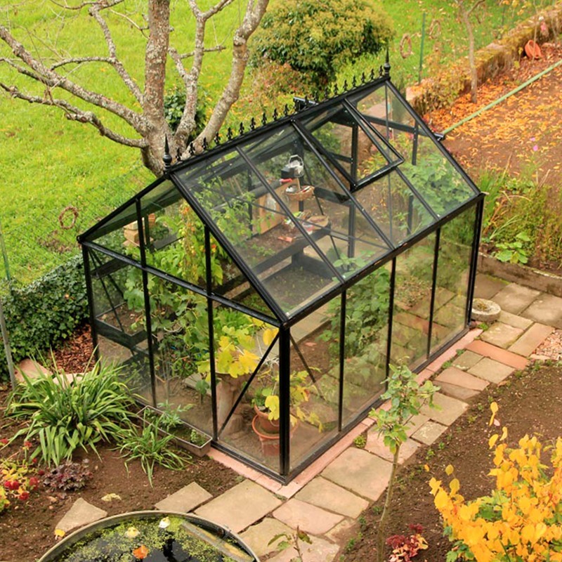 Janssens Eos Junior 7,30m² kas, zwart gelakt aluminium met gehard glas en voet