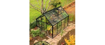 Janssens Eos Junior 7,30m² kas, zwart gelakt aluminium met gehard glas en voet