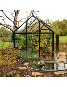 Janssens Eos Junior 7,30m² kas, zwart gelakt aluminium met gehard glas en voet