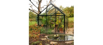 Janssens Eos Junior 7,30m² kas, zwart gelakt aluminium met gehard glas en voet