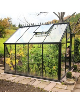 Janssens Eos Junior 7,30m² kas, zwart gelakt aluminium met gehard glas en voet