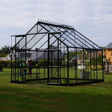 Saphir 9,10m² vierkante kas in zwart gelakt aluminium en gehard glas met voet