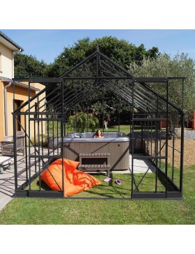 Saphir Serre 14,60m2 in schwarz lackiertem Aluminium und gehärtetem Glas mit Basis