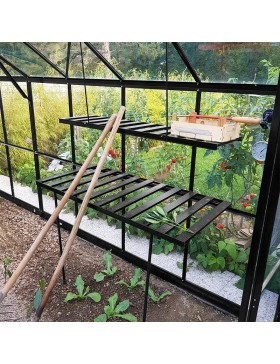 zwart gelakte aluminium opvouwbare tafel en plank met bloemen en gereedschap