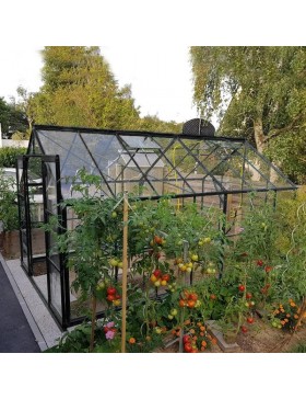 Jade kas van 10,40 m² in zwart gelakt aluminium en gehard glas met voet