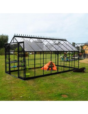 Serre Jade 11,80 m² en aluminium laqué noir et verre trempé avec base ciel mon jardin