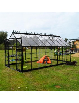 Jade kas, 11,80 m², in zwart gelakt aluminium en gehard glas met een "Ciel mon jardin" basis